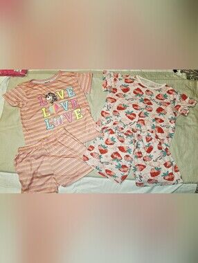 Lot of 2 Girls Size 10-12 Pajama Sets | Unicorn Love Stripe + Strawberry Print
